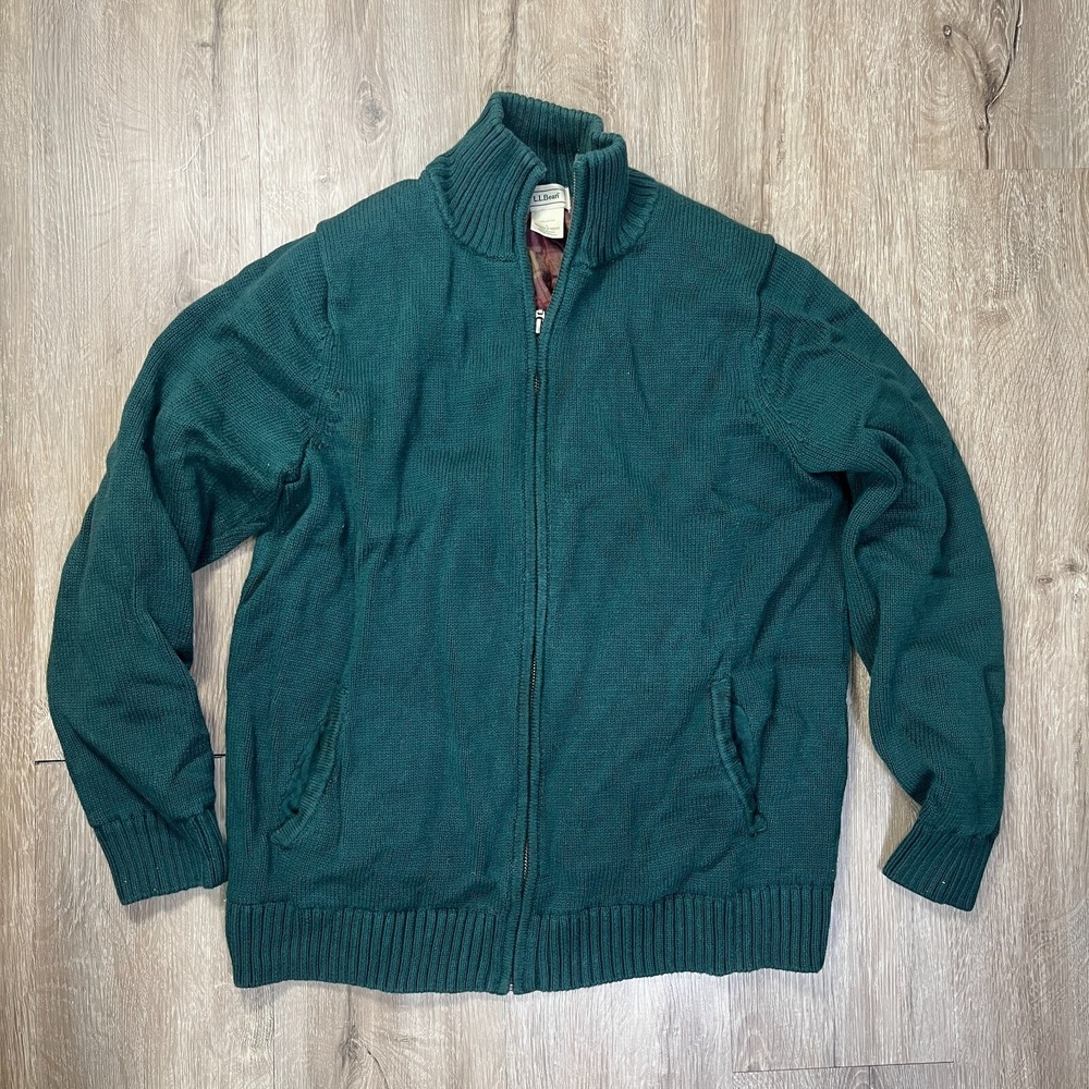 LL Bean Women's Full Zip Knit Jacket Teal Blue Flannel Lined Large Cotton